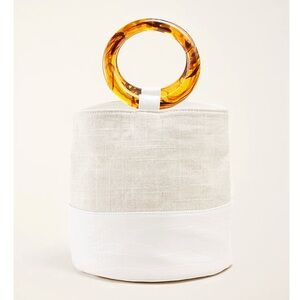 White and Tan Handbag with Tortoise Shell Handle